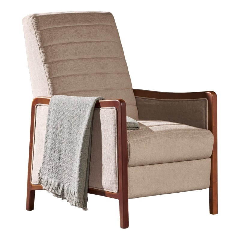 Ryka Pushback Manual Recliner Chair- Channel Stitch Beige- Birch Wood