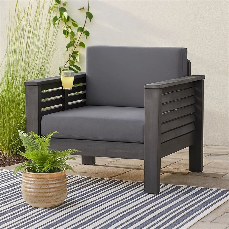 Quim Outdoor Club Chair- Shutter Slat Panel- Gray Acacia Wood- Gray Fabric