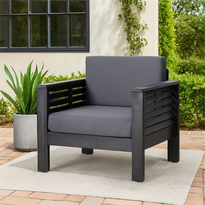 Quim Outdoor Club Chair- Shutter Slat Panel- Gray Acacia Wood- Gray Fabric