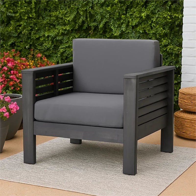 Quim Outdoor Club Chair- Shutter Slat Panel- Gray Acacia Wood- Gray Fabric