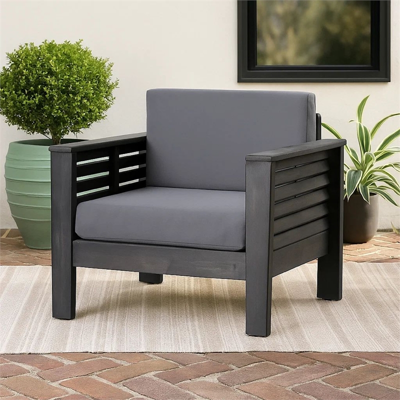 Quim Outdoor Club Chair- Shutter Slat Panel- Gray Acacia Wood- Gray Fabric