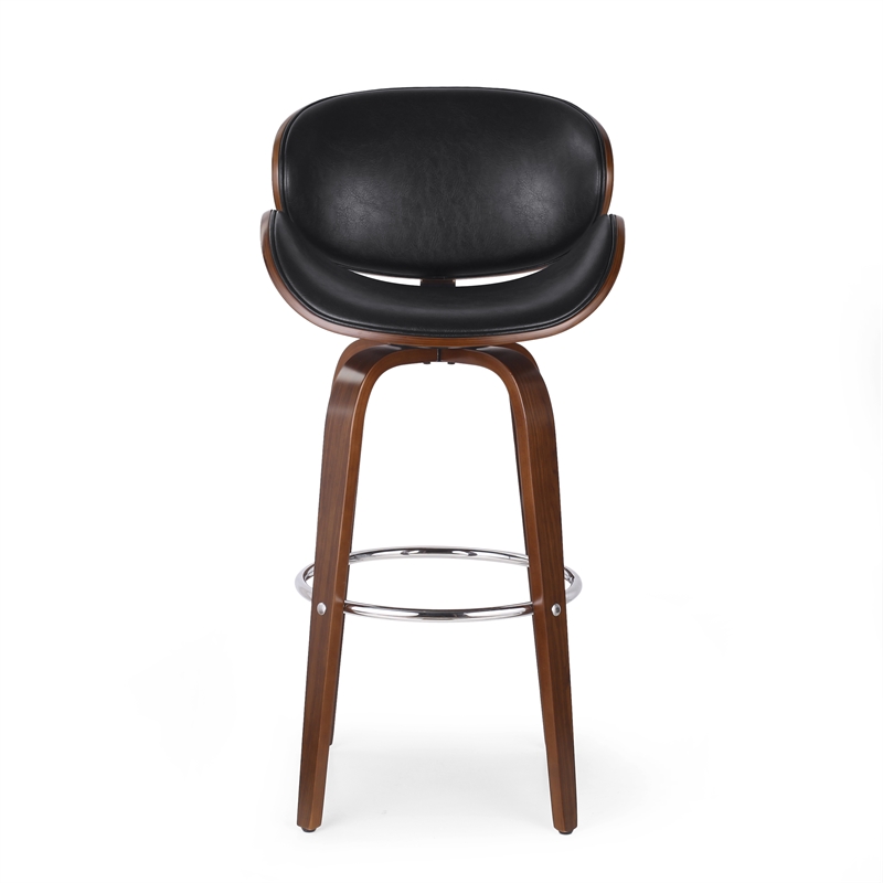 Zaine Swivel Barstool Chair- Walnut Veneer- Black Faux Leather