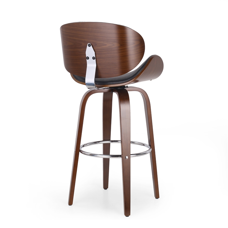 Zaine Swivel Barstool Chair- Walnut Veneer- Black Faux Leather