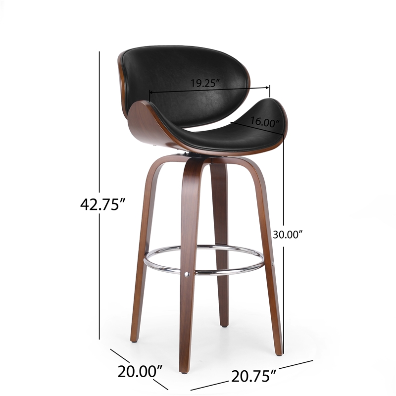 Zaine Swivel Barstool Chair- Walnut Veneer- Black Faux Leather
