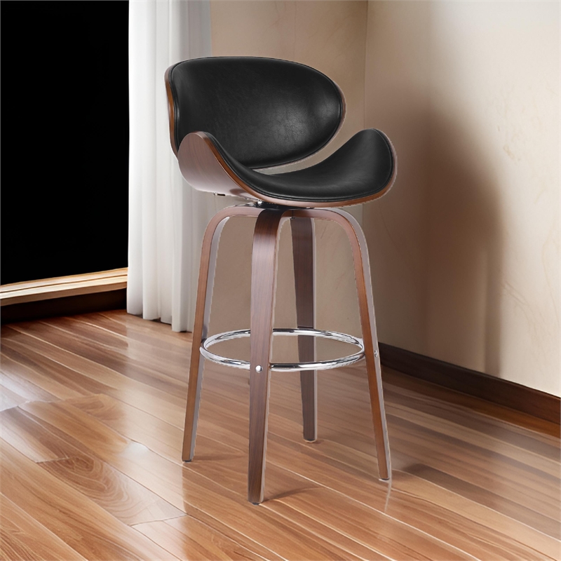 Zaine Swivel Barstool Chair- Walnut Veneer- Black Faux Leather