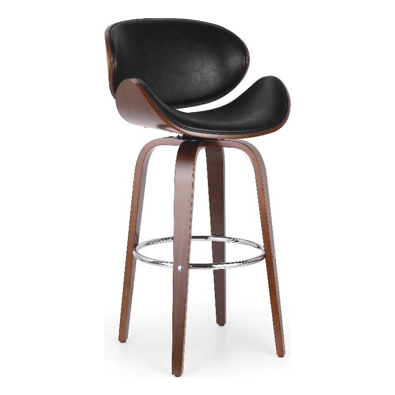 Zaine Swivel Barstool Chair- Walnut Veneer- Black Faux Leather
