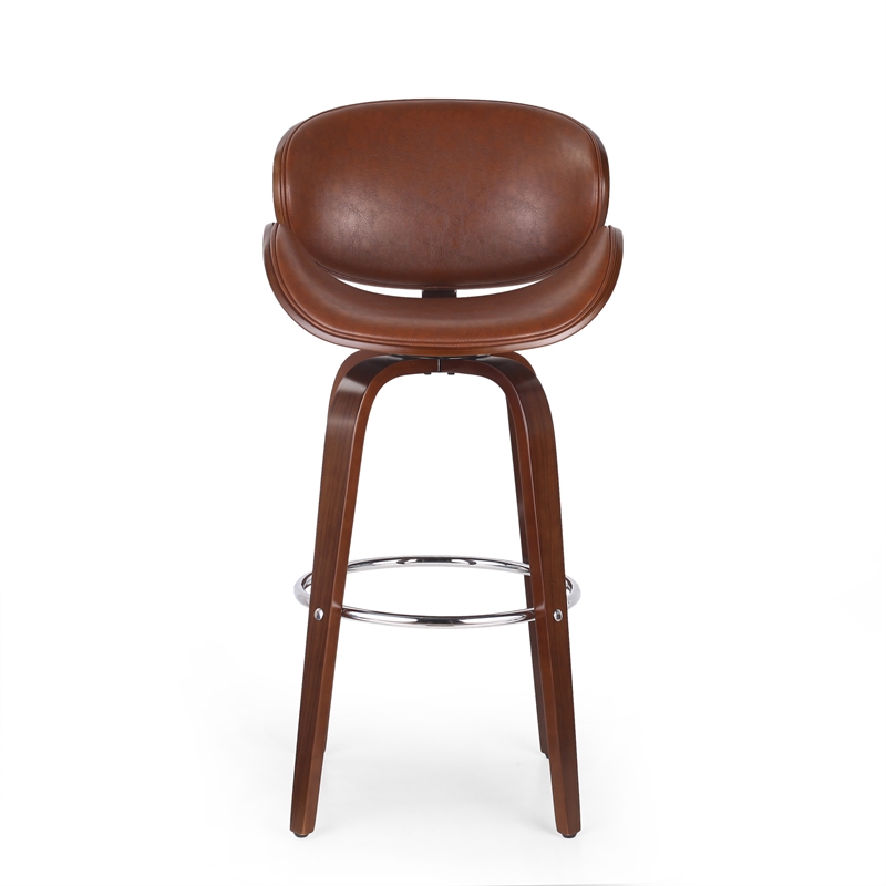 Zaine Swivel Barstool Chair- Walnut Veneer- Brown Faux Leather