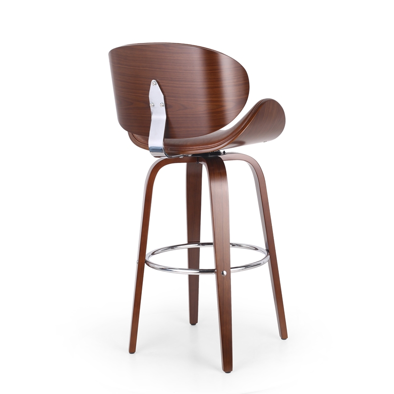 Zaine Swivel Barstool Chair- Walnut Veneer- Brown Faux Leather