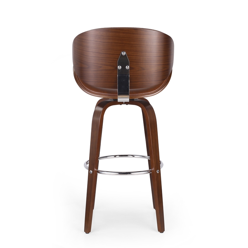 Zaine Swivel Barstool Chair- Walnut Veneer- Brown Faux Leather