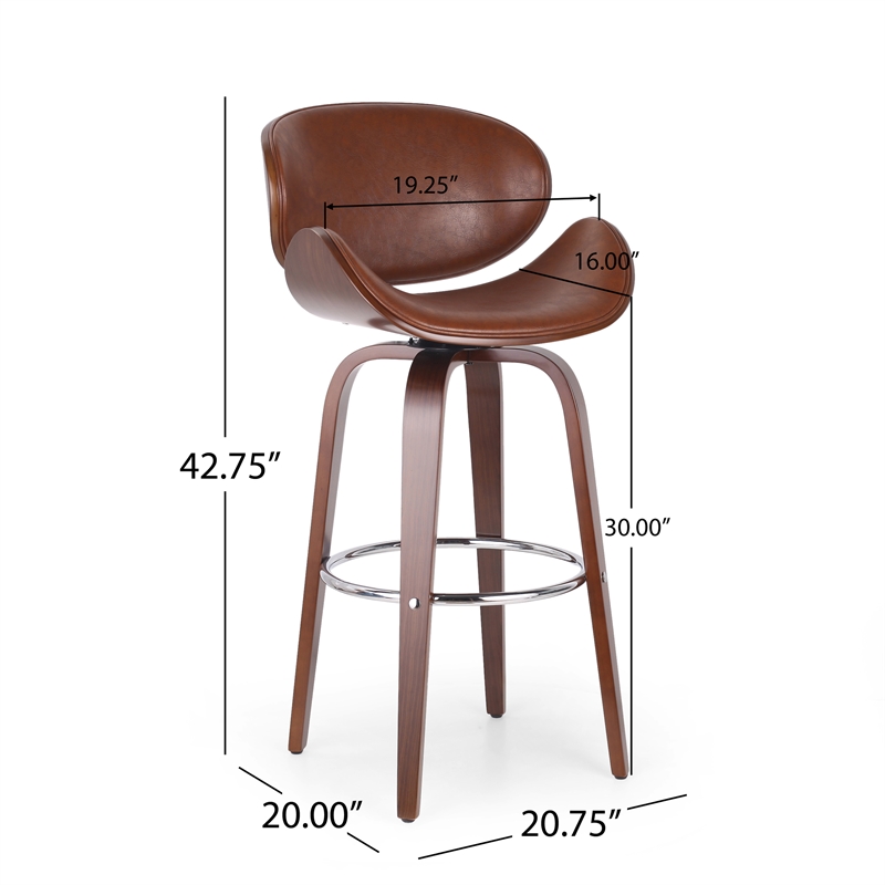 Zaine Swivel Barstool Chair- Walnut Veneer- Brown Faux Leather