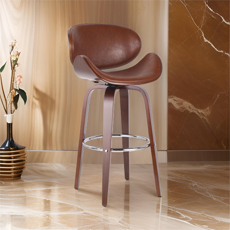 Zaine Swivel Barstool Chair- Walnut Veneer- Brown Faux Leather