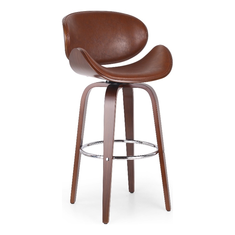 Zaine Swivel Barstool Chair- Walnut Veneer- Brown Faux Leather