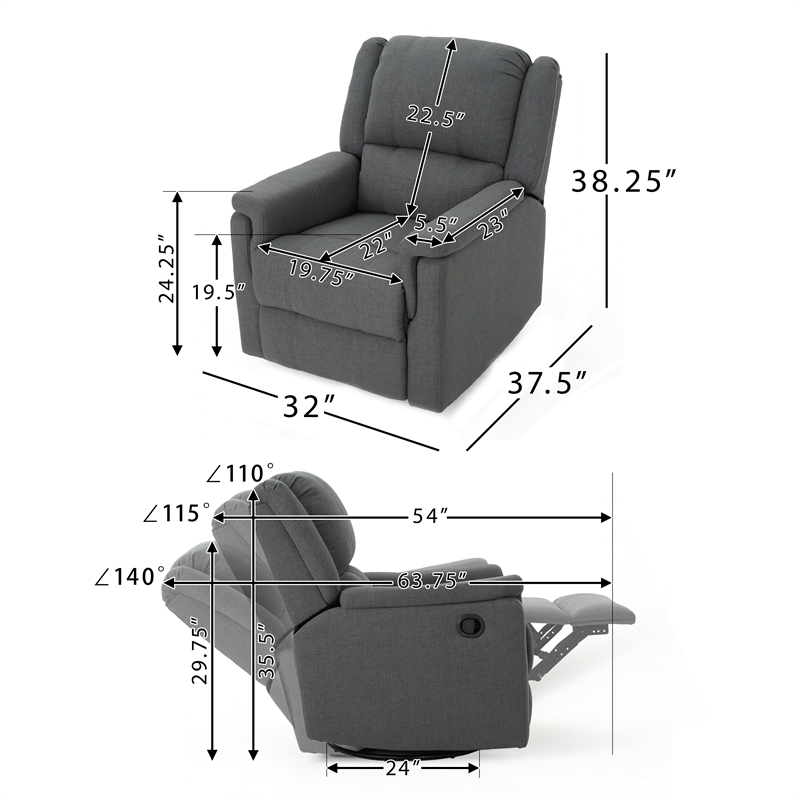 Zune Manual Glider Recliner Chair- Swivel Ergonomic Design- Charcoal Gray