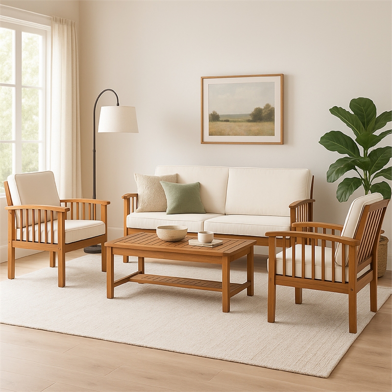 Sayan 4pc Outdoor Coffee Table Set- Loveseat- 2 Chairs- Beige- Brown