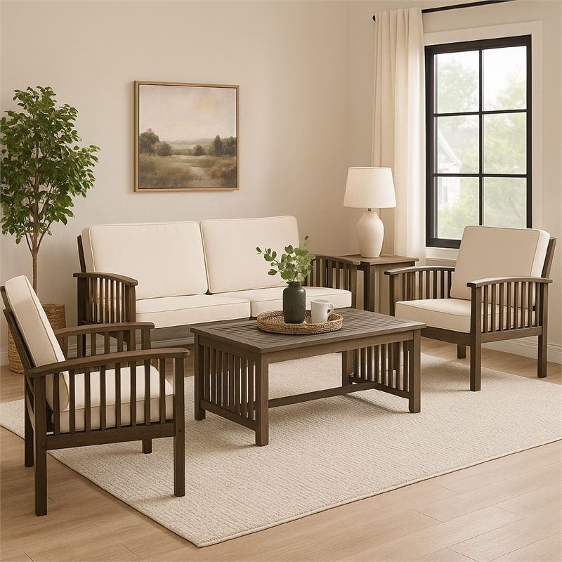 Sayan 4pc Outdoor Coffee Table Set- Loveseat- 2 Chairs- Beige and Gray