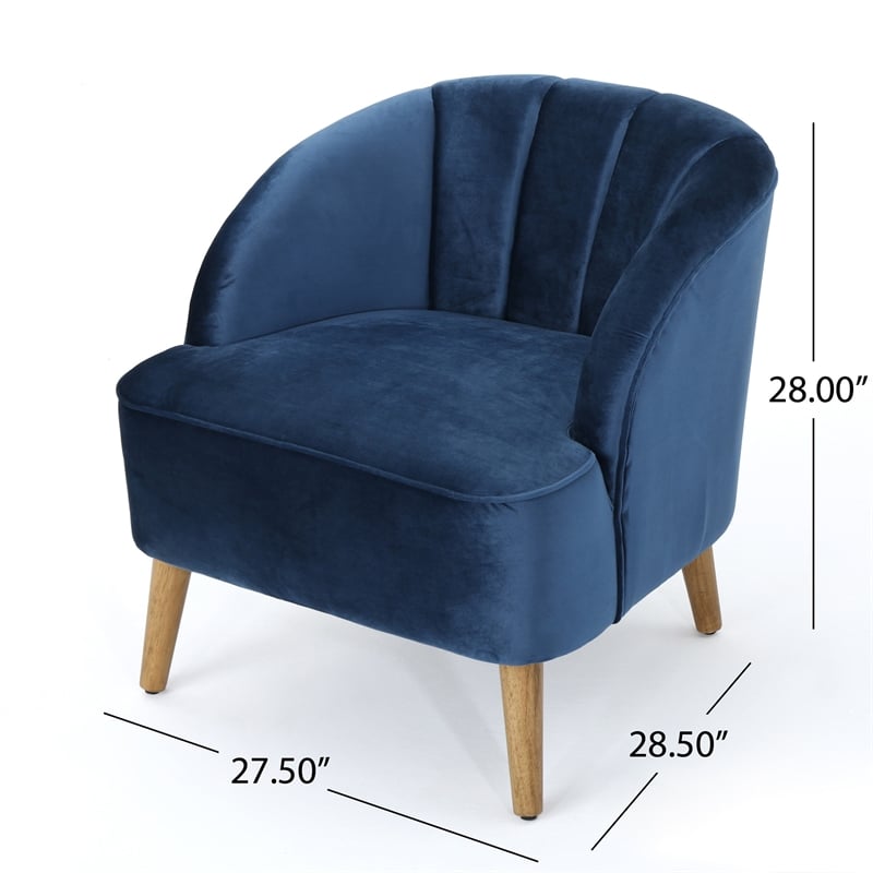 Shale Accent Chair- Navy Blue Velvet- Curved Backrest- Brown Wood Legs
