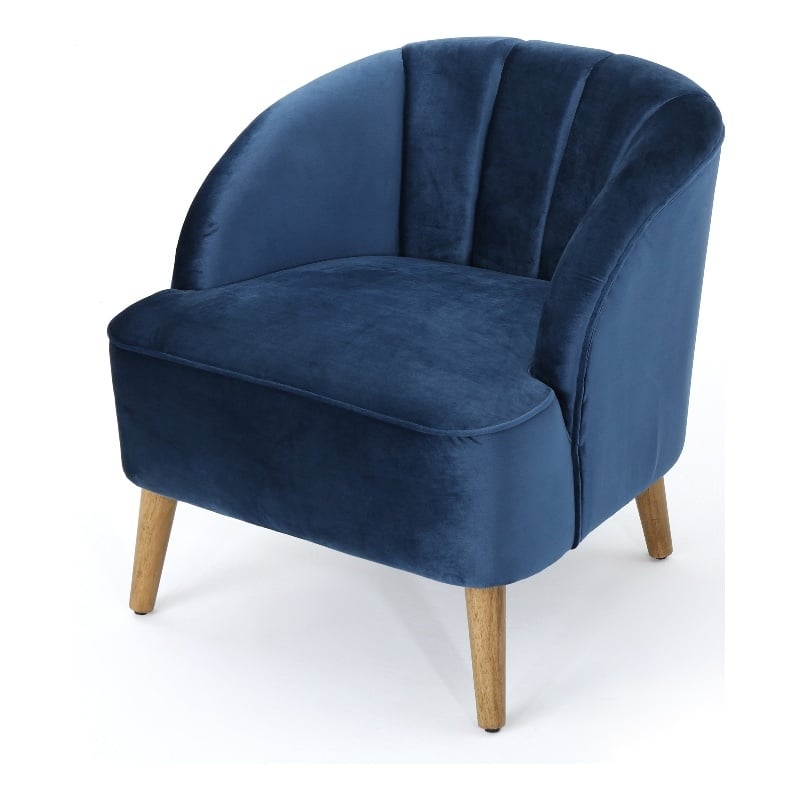 Shale Accent Chair- Navy Blue Velvet- Curved Backrest- Brown Wood Legs