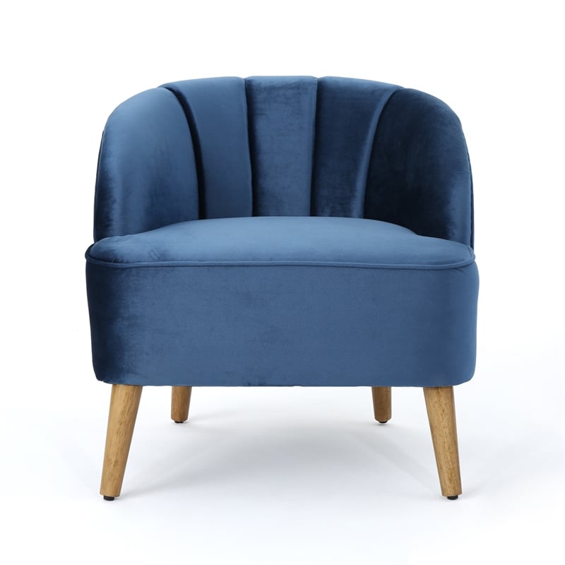 Shale Accent Chair- Navy Blue Velvet- Curved Backrest- Brown Wood Legs