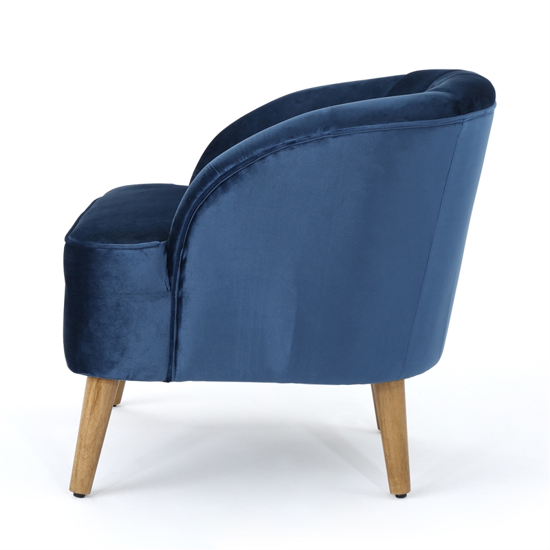 Shale Accent Chair- Navy Blue Velvet- Curved Backrest- Brown Wood Legs