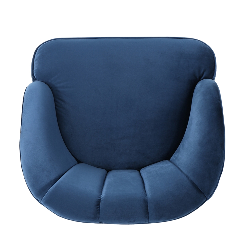 Shale Accent Chair- Navy Blue Velvet- Curved Backrest- Brown Wood Legs