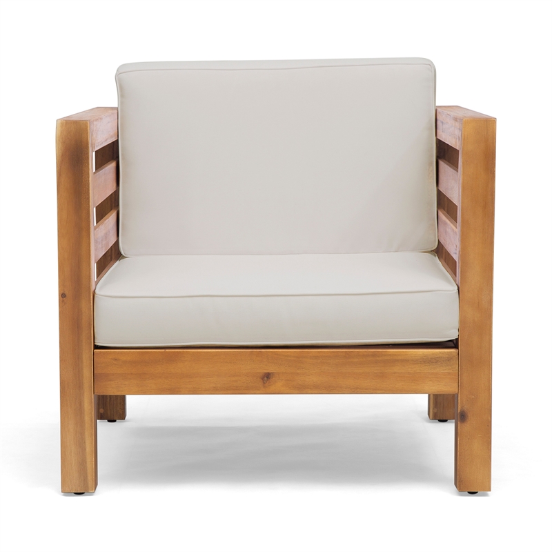 Carie Outdoor Accent Chair- Beige- Soft Cushions- Brown Acacia Wood