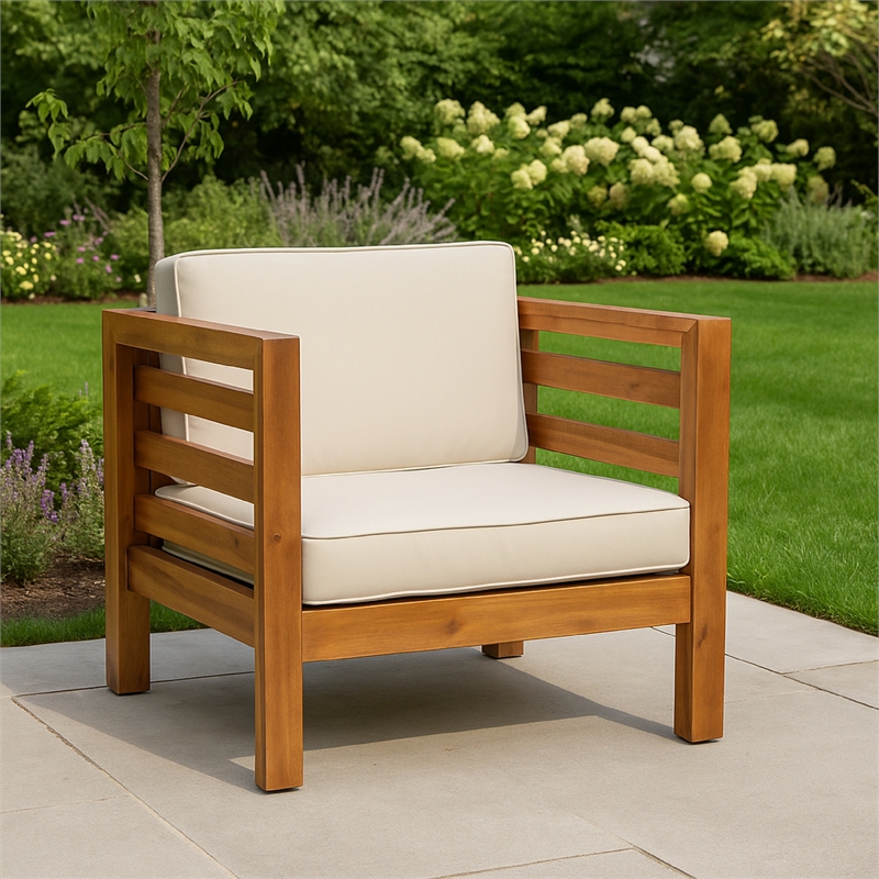Carie Outdoor Accent Chair- Beige- Soft Cushions- Brown Acacia Wood