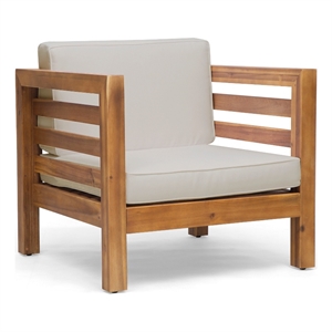 Carie Outdoor Accent Chair- Beige- Soft Cushions- Brown Acacia Wood