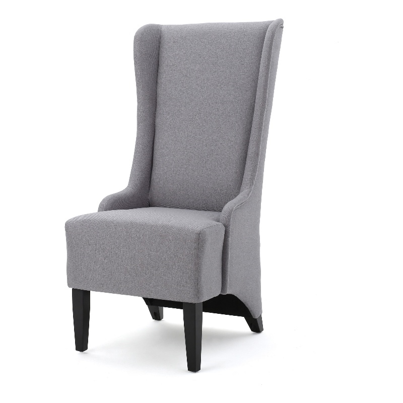 Becca Dining Chair- High Wingback Brown Birch Wood- Light Gray Fabric