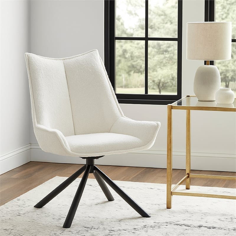 Amyra Swivel Accent Side Chair- White Fabric- Modern Black Iron Frame