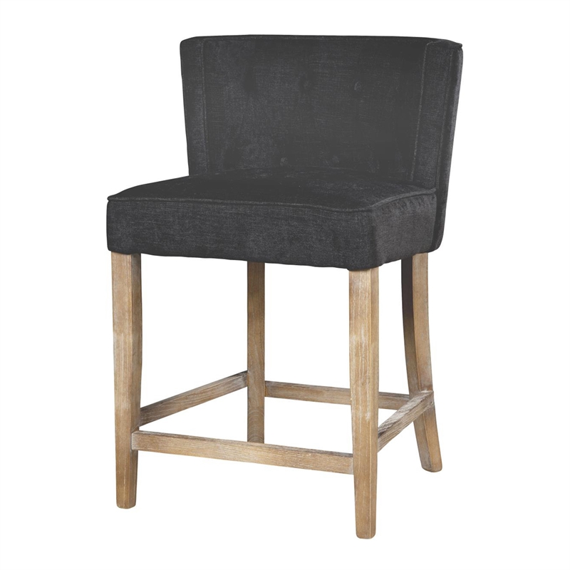 Cly Counter Stool Chair- Soft Dark Gray Fabric- Graywash Solid Wood