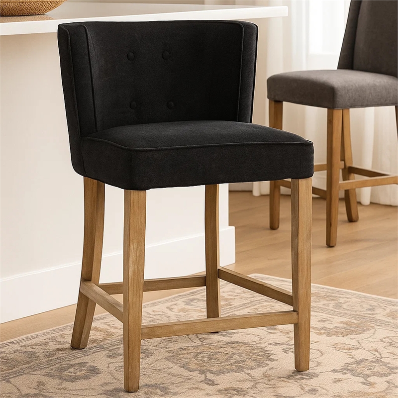 Cly Counter Stool Chair- Soft Dark Gray Fabric- Graywash Solid Wood