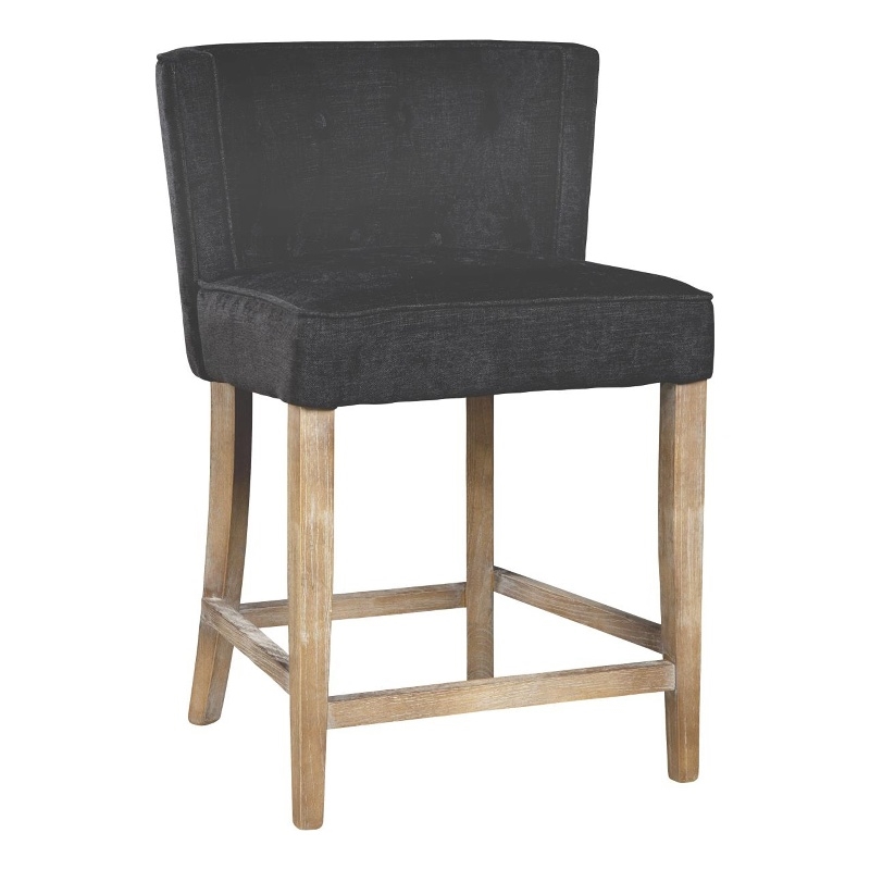 Cly Counter Stool Chair- Soft Dark Gray Fabric- Graywash Solid Wood