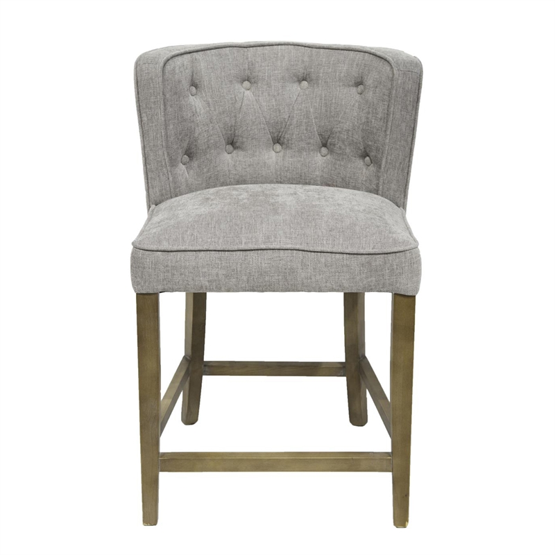 Cly Counter Stool Chair- Soft Light Gray Fabric- Graywash Solid Wood