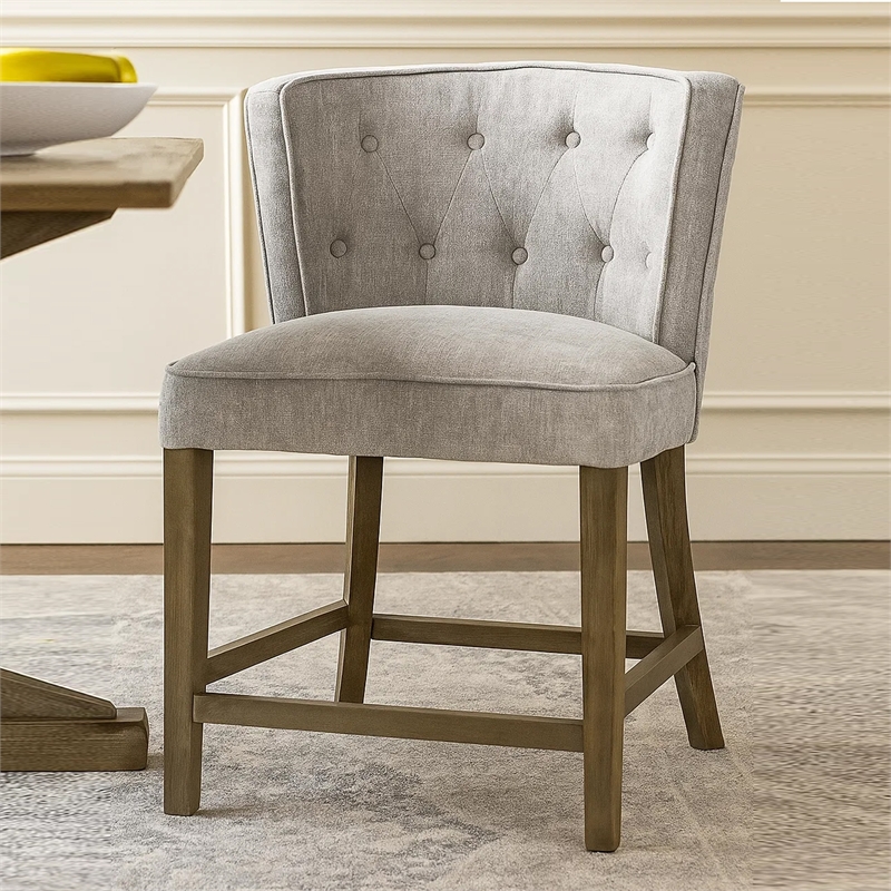Cly Counter Stool Chair- Soft Light Gray Fabric- Graywash Solid Wood