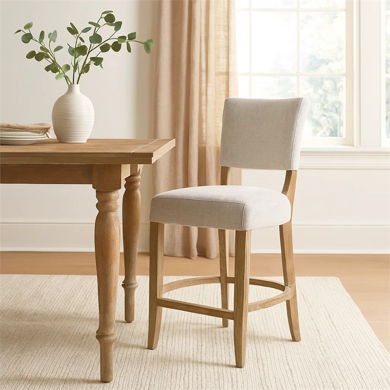 Ryna Barstool Chair- Plush Light Gray Fabric- Washed Oak Solid Wood