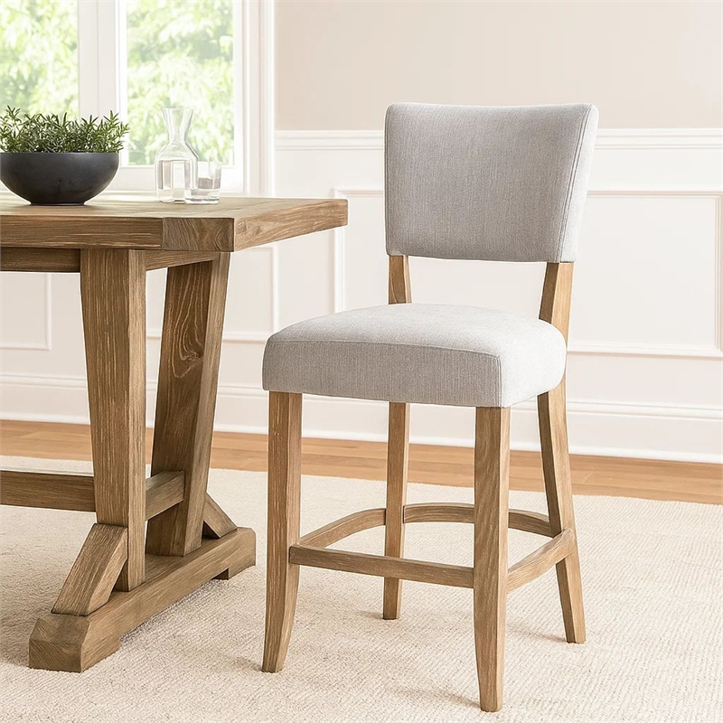 Ryna Barstool Chair- Plush Light Gray Fabric- Washed Oak Solid Wood