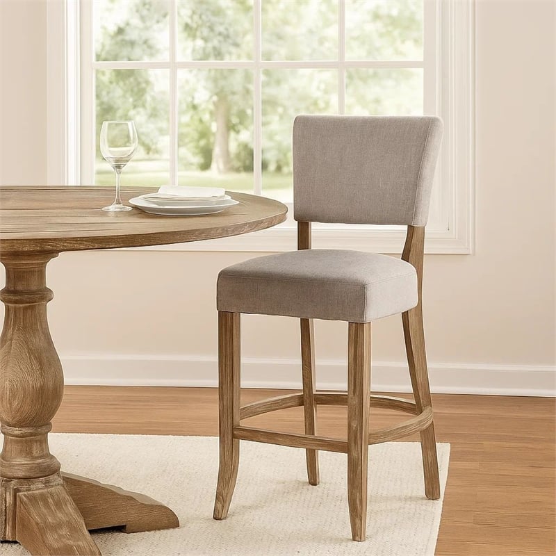 Ryna Barstool Chair- Plush Light Gray Fabric- Washed Oak Solid Wood