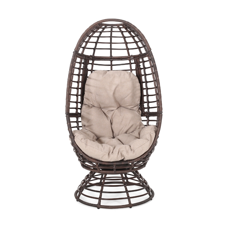 Swivel Outdoor Egg Chair- Brown PE Woven Rattan- Iron- Beige Polyester