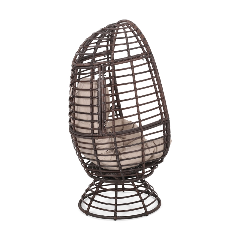 Swivel Outdoor Egg Chair- Brown PE Woven Rattan- Iron- Beige Polyester