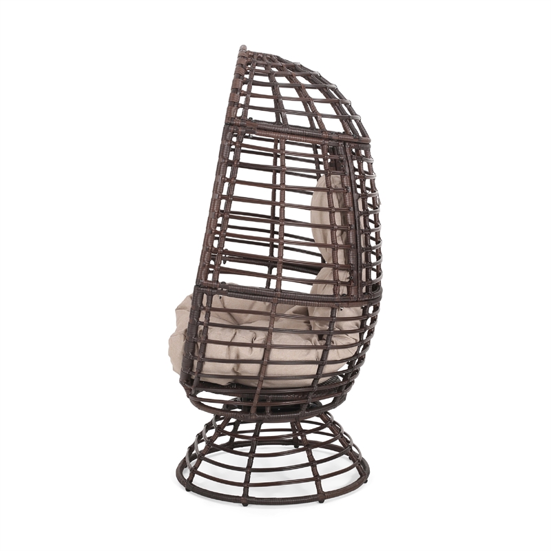Swivel Outdoor Egg Chair- Brown PE Woven Rattan- Iron- Beige Polyester