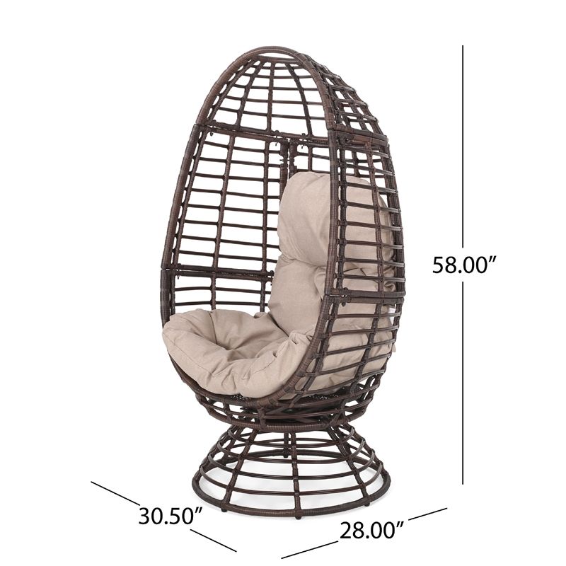 Swivel Outdoor Egg Chair- Brown PE Woven Rattan- Iron- Beige Polyester