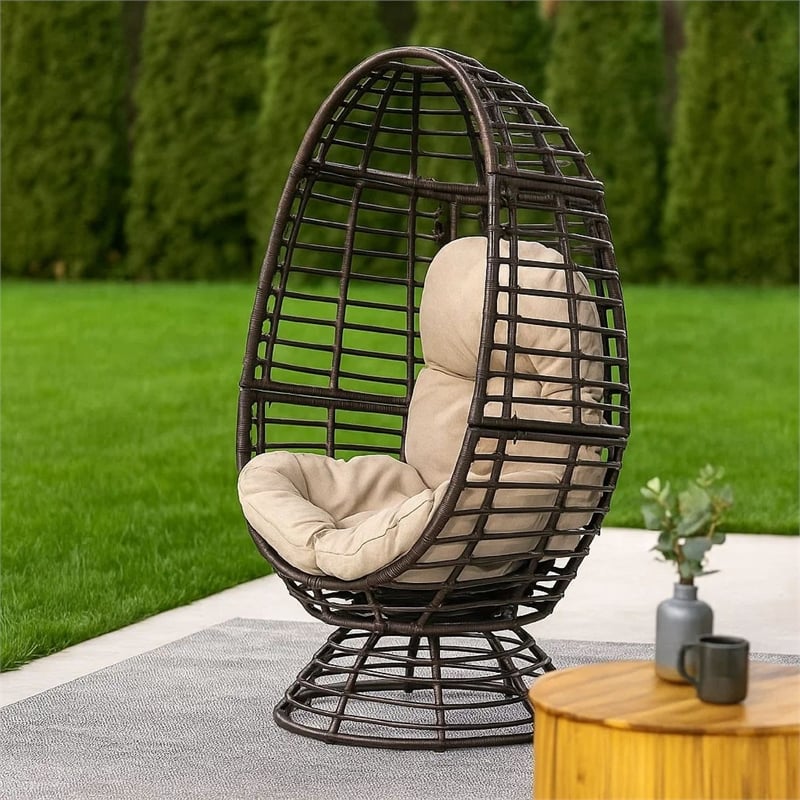 Swivel Outdoor Egg Chair- Brown PE Woven Rattan- Iron- Beige Polyester
