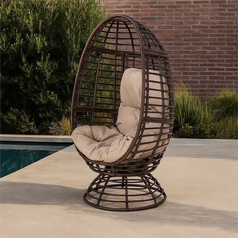 Swivel Outdoor Egg Chair- Brown PE Woven Rattan- Iron- Beige Polyester