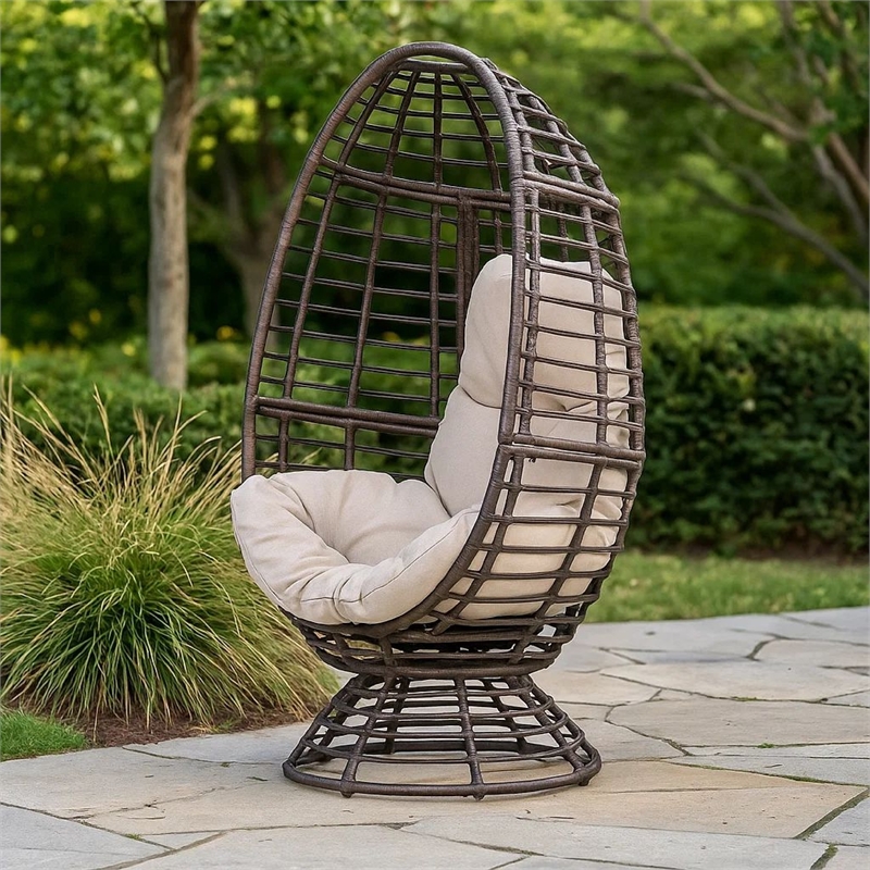 Swivel Outdoor Egg Chair- Brown PE Woven Rattan- Iron- Beige Polyester