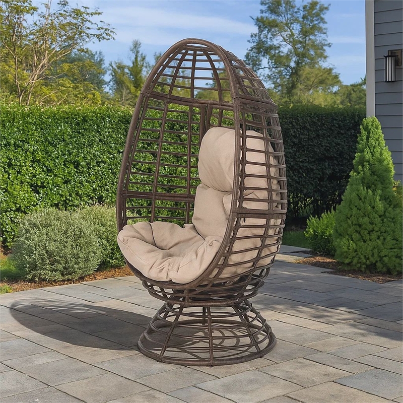Swivel Outdoor Egg Chair- Brown PE Woven Rattan- Iron- Beige Polyester