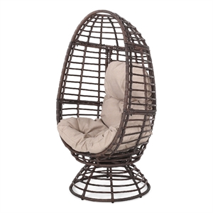 Swivel Outdoor Egg Chair- Brown PE Woven Rattan- Iron- Beige Polyester