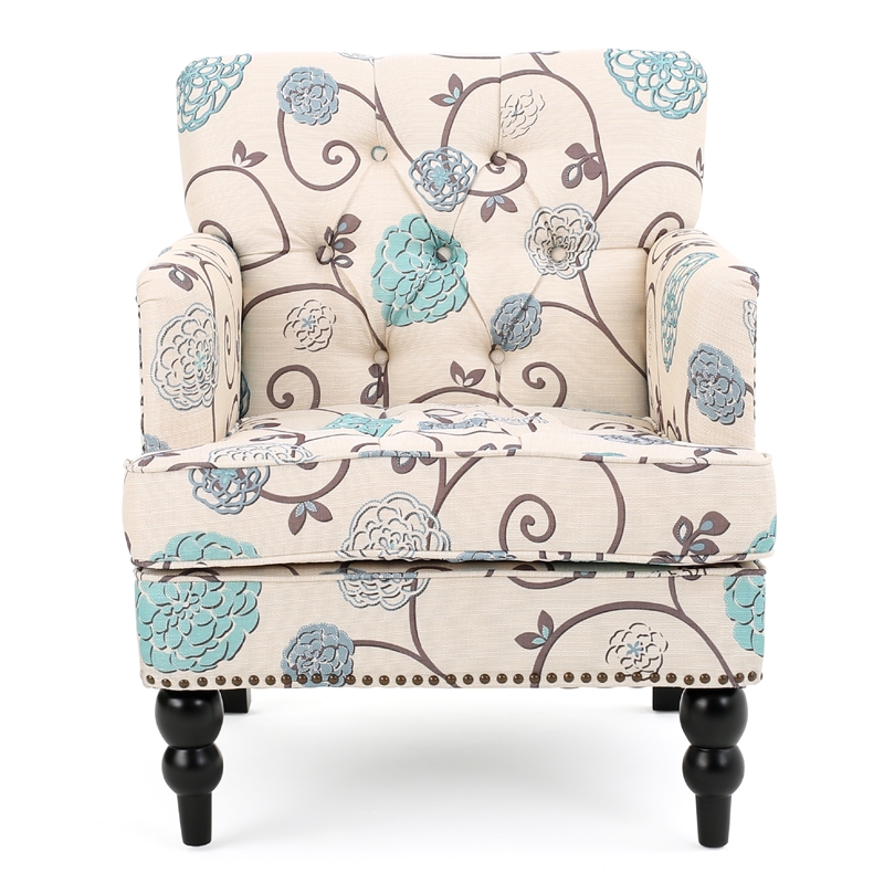 Lit Club Chair- Beige Tufted Floral Upholstery- Nailhead Brown Wood