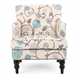Lit Club Chair- Beige Tufted Floral Upholstery- Nailhead Brown Wood
