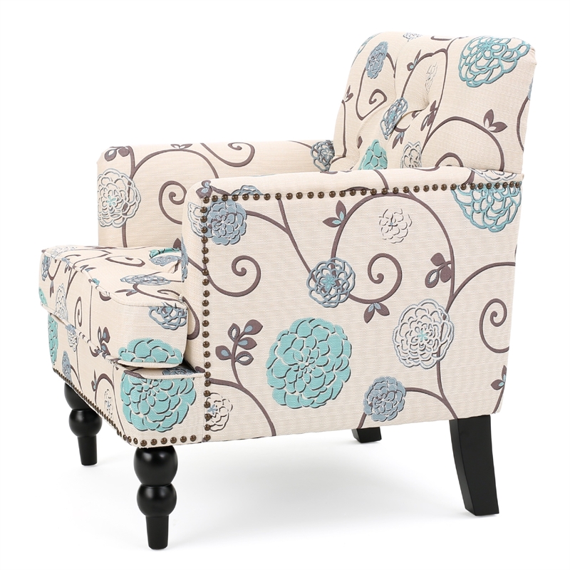 Lit Club Chair- Beige Tufted Floral Upholstery- Nailhead Brown Wood
