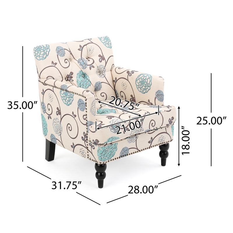Lit Club Chair- Beige Tufted Floral Upholstery- Nailhead Brown Wood